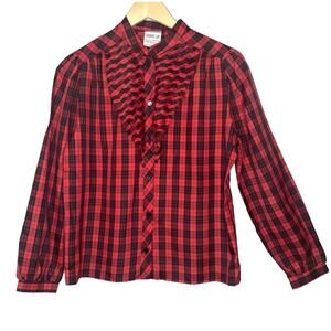Vintage Private Line New York Check Pleated Front Button Up Blouse Size 34 Small